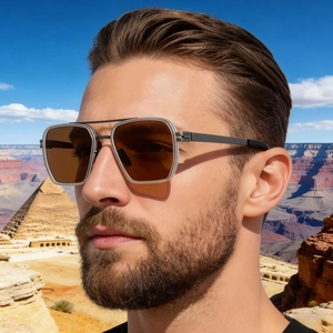 Close-up of polarized square double-bridge sunglasses for men during outdoor driving