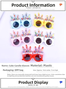 Detailed size chart for plastic birthday cake party sunglasses in various colors