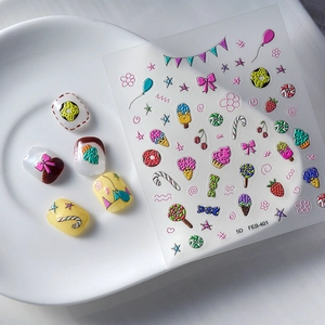 5D embossed nail stickers featuring colorful ice cream and donut patterns for 3D manicure