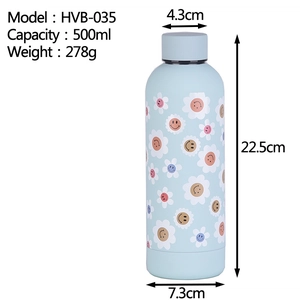 500ml stainless steel vacuum flask with light blue smiley flower pattern and dimensions