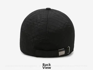 Rear view of black quilted baseball cap with adjustable strap and metal buckle