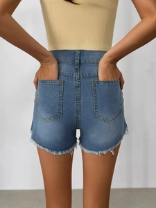 Slim fit high waisted blue denim shorts with distressed raw hem and back pocket detail
