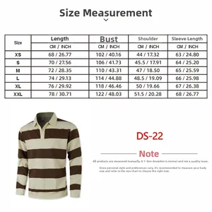 Detailed size chart for men striped knit polo shirt with CM and inch measurements