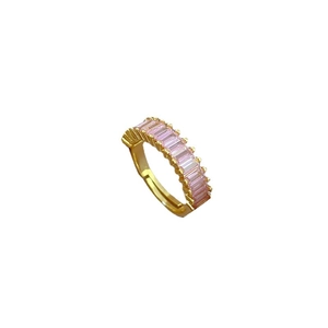 Golden open ring featuring rectangular pink baguette-cut zircon stones in a row