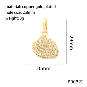 Gold-plated shell pendant with white zircon inlays and product dimensions overview