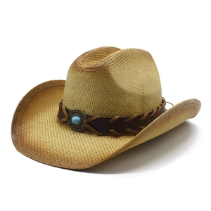 Western Cowboy Straw Hat Wide Brim Sun Protection Paper Braided Summer Beach Travel Vintage Ethnic Turquoise Leather Band
