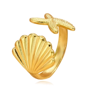Golden sea shell and starfish open ring in stainless steel with adjustable band design