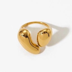 Minimalist gold 316L stainless steel open ring with organic bean shape and polished finish