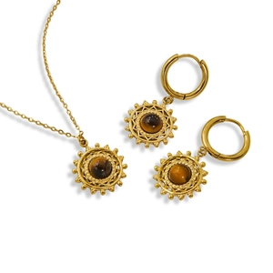 French vintage 14K gold plated necklace and earrings set with sun-shaped tiger stone