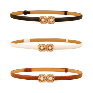 Women's slim leather belts with gold square pearl buckles in black white and brown colors