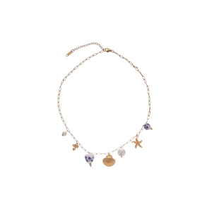 Collana dorata con ciondoli conchiglia stella marina e perle di porcellana blu