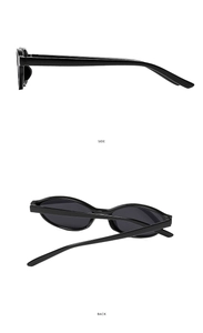 Detailed side and back views of vintage black oval sunglasses with a narrow frame