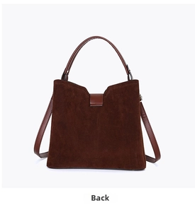 Back view of dark brown suede tote bag with smooth leather handles and straps