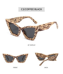 Detailed views of coffee black cat eye sunglasses with grey lenses and marble pattern
