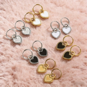 Stainless Steel Heart Pendant Hoop Earrings For Women Double Sided Enamel Vintage Ins Style Jewelry Accessory