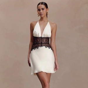 Mini Abito In Raso E Pizzo Scollo All Americana Profondo Scollo A V Schiena Scoperta Senza Maniche Sexy Party Per Donna