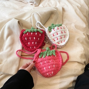 Kinder Handgefertigte Gestrickte Erdbeere Umhängetasche Süße Häkelgarn Schultertasche Für Kleinkinder Mädchen Obst