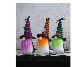 Three Halloween gnomes with witch hats featuring bat, skull and pumpkin patterns