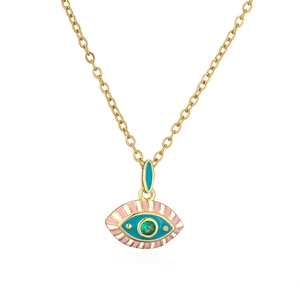 Close-up of pink and blue enamel evil eye pendant on a gold-plated necklace chain