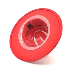Macro shot of red felt fedora interior with a clear PVC hat support for shape preservation