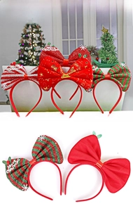 Close-up of assorted sequined Christmas bow headbands with festive holiday patterns