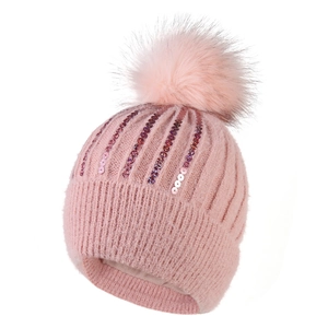 Bonnet en tricot rose à paillettes et gros pompon, doublé polaire pour l'hiver