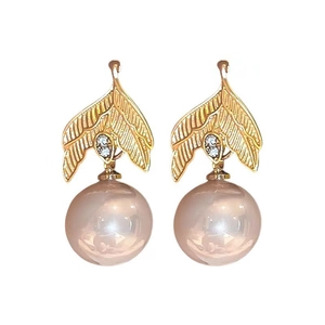 French vintage gold leaf earrings with crystals and large pink pearls for women