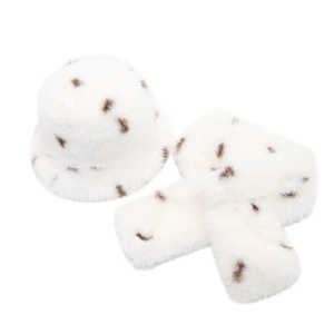 Winter faux fur leopard print bucket hat and matching scarf set for women in white and brown