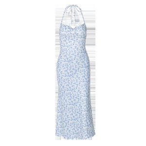Detail view of the elegant blue floral print on white sleeveless halter midi dress