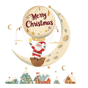 Retro Christmas wall decal with Santa Claus on a moon balloon and festive snow scene