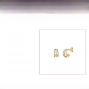 Detail showing 13x6mm C-shaped gold filled earrings with zircon pavé and weight specs