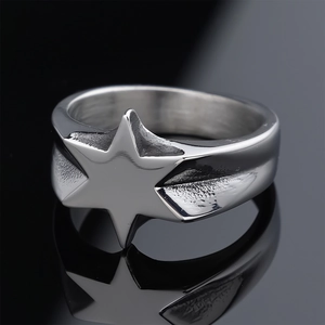 Vintage stainless steel hexagram ring with polished silver finish and star motif