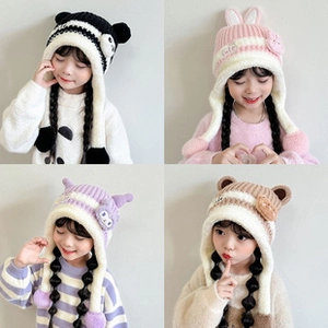 Detailed grid showing four colorful knitted winter hats with cute ear flaps and soft linings