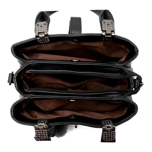 Black women's handbag with three compartments and textured lychee pattern leather