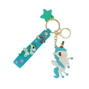 3D cartoon unicorn keychain with light blue strap and golden metal ring on white background
