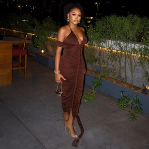 Deep brown long sleeve halter dress with ruched body and braided center detail