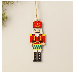 Close-up of a hand-painted wooden Nutcracker soldier ornament with a natural jute hanging rope
