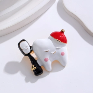 Cute tooth enamel pin with Kaonashi character design on white wavy texture tray