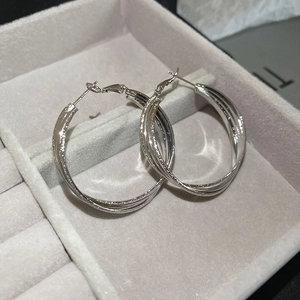 Détail de boucles d'oreilles créoles argentées entrelacées sur un présentoir en velours