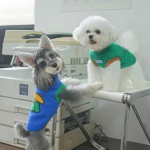 Winter knitted pet sweaters in blue and green for small dogs like Schnauzer or Pomeranian