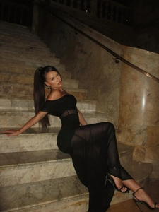 Elegant black off-shoulder maxi dress with mesh patchwork and slim fit for party wear