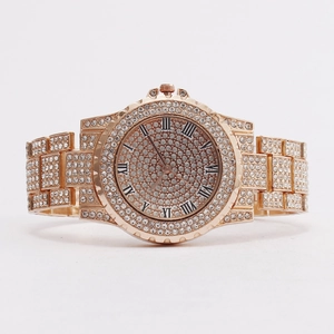 Luxury rose gold women's watch with full rhinestone inlay and Roman numeral dial