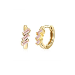 Detail of gold-plated hoop earrings featuring baguette-cut pink zircon in geometric setting