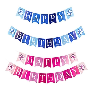 Blue and pink gradient Happy Birthday pet party banners with cute paw print designs