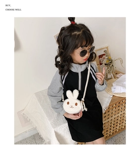 Cute white plush rabbit crossbody bag worn by a little girl for a stylish princess look