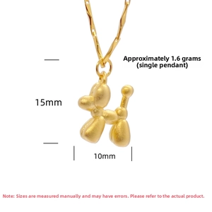 Detailed view of golden balloon dog pendant showing 15mm height and 10mm width dimensions