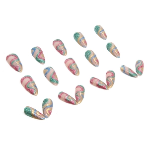 Almond press-on nails featuring glittery colorful wave and snake-like swirl patterns