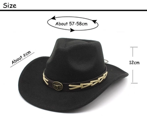 Detailed dimensions of black wool western cowboy hat showing 8cm brim and 12cm crown
