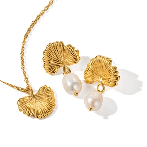 18k gold plated stainless steel ginkgo leaf necklace and pearl earrings jewelry set