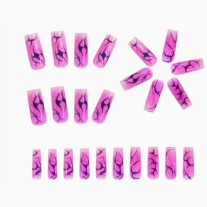 Long square press-on nails with pink-purple gradient and black flame 3D texture design